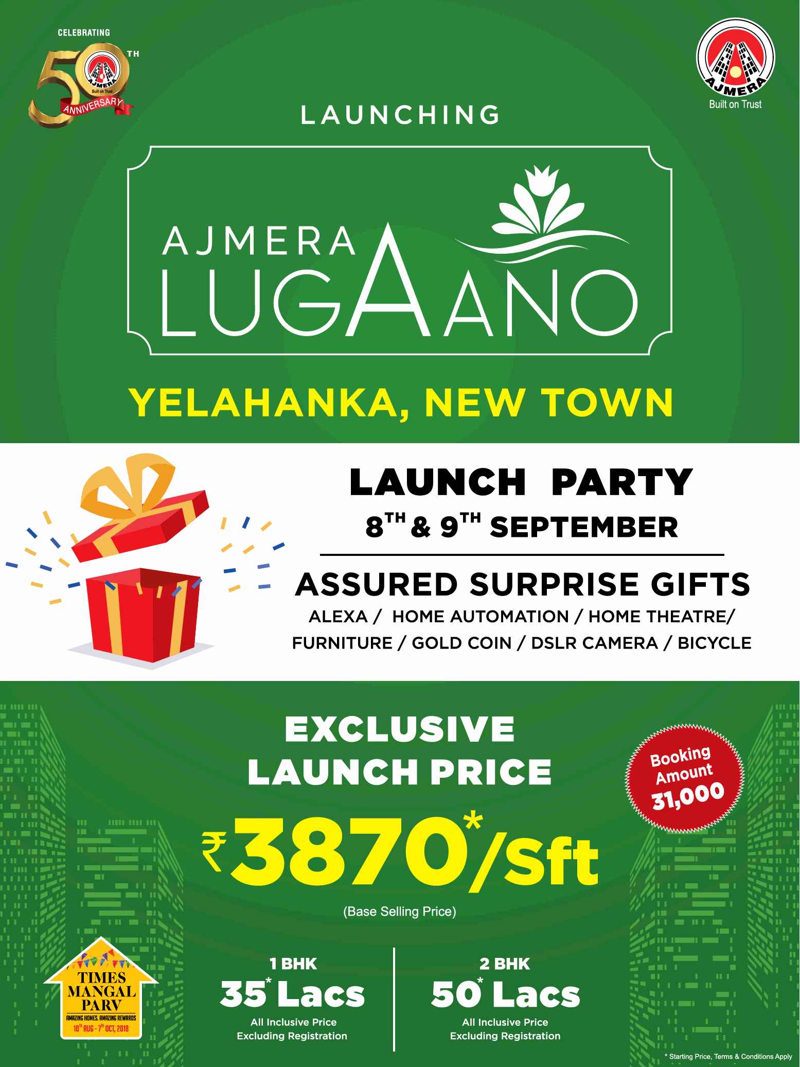 Avail exclusive launch price of Rs. 3870 per sqft at Ajmera Lugaano in Bangalore